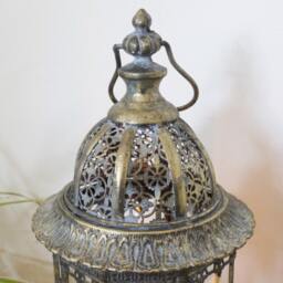 Rustic Gold Moroccan Candle Lantern - Antique Style Metal & Glass - thumbnail 3