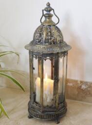 Rustic Gold Moroccan Candle Lantern - Antique Style Metal & Glass - thumbnail 4