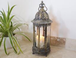 Rustic Gold Moroccan Candle Lantern - Antique Style Metal & Glass