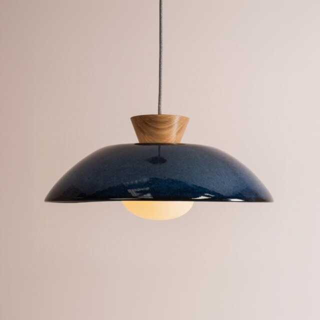 Blue Xl Dawn Pendant Light in Ceramic & Oak - image 1