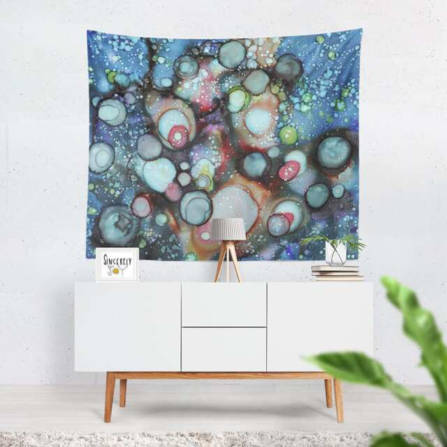 Abstract Galaxy Tapestry Wall Hanging Art Colorful Blue Tapestry Large Unique Artist Mixed Media Tapestries - image 1