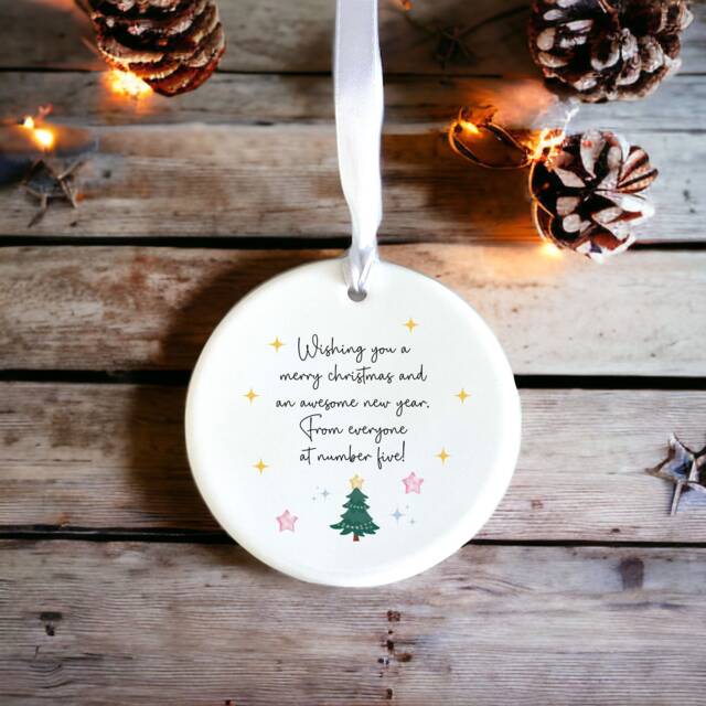 Personalised Christmas Tree Ceramic Decoration Hanging Ornament Keepsake With Your Wording Choice Of Fonts Gift Idea Watercolour - image 1