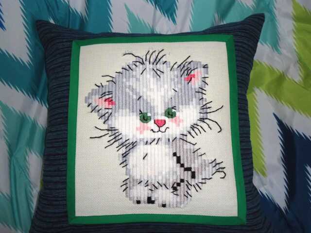 Embroidered Kitten Pillow, Kids Room Decor - Handmade Cushion - image 1