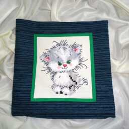 Embroidered Kitten Pillow, Kids Room Decor - Handmade Cushion - thumbnail 3