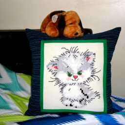 Embroidered Kitten Pillow, Kids Room Decor - Handmade Cushion - thumbnail 2