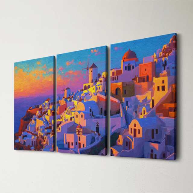 Santorini Greece Cliffside 3 Panel Split Canvas Wall Art Summers Day Summer Cityscape Oil Painting Framed Home Decor - image 1