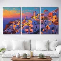 Santorini Greece Cliffside 3 Panel Split Canvas Wall Art Summers Day Summer Cityscape Oil Painting Framed Home Decor - thumbnail 2