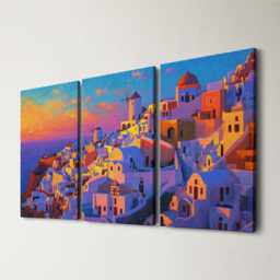 Santorini Greece Cliffside 3 Panel Split Canvas Wall Art Summers Day Summer Cityscape Oil Painting Framed Home Decor - thumbnail 1