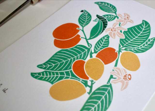 Kumquat Plant Linocut Art Print Citrus Japonica On Cotton Paper - image 1