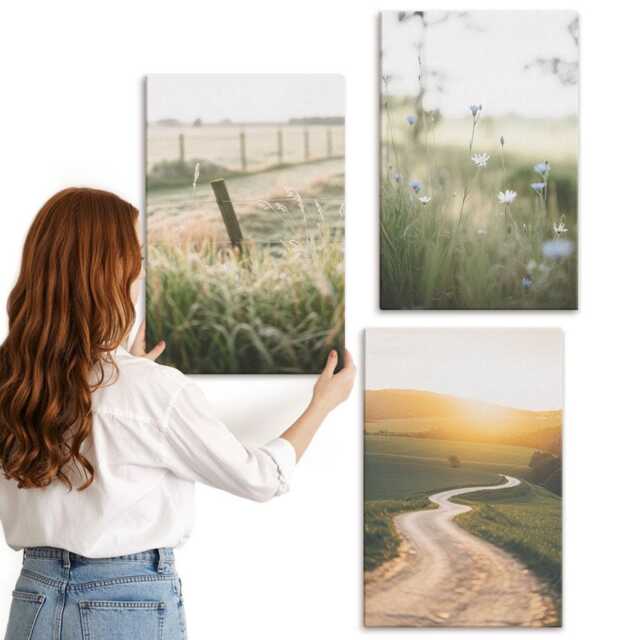 Canvas Set Of 3 - Landscape With A Meadow, Road & Sunset, Green Photo Print, Landscapes Wall Decor - image 1