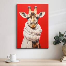 Giraffe Wearing Beige Scarf Framed Poster Print & Canvas Wall Decor Art Oil Painting Bedroom Home Living Room Funny Animal Lover Gift