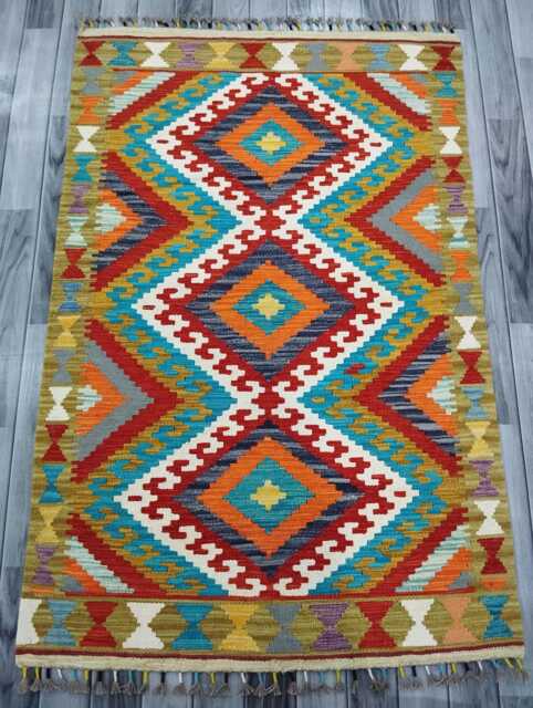 Multicolour Rug, Handmade Artisan Afghan Turkish Scandinavian Navajo Bohemian Flatweave Wool Kilim 153x100 cm - image 1