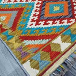 Multicolour Rug, Handmade Artisan Afghan Turkish Scandinavian Navajo Bohemian Flatweave Wool Kilim 153x100 cm - thumbnail 2