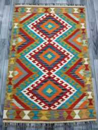 Multicolour Rug, Handmade Artisan Afghan Turkish Scandinavian Navajo Bohemian Flatweave Wool Kilim 153x100 cm - thumbnail 1