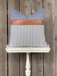 Modern Farmhouse Striped Pillow Cover Faux Leather Accent - Woven Stripe Cream Backing Zipper Closure Choose Your Color - thumbnail 1