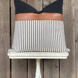 Modern Farmhouse Striped Pillow Cover Faux Leather Accent - Woven Stripe Cream Backing Zipper Closure Choose Your Color - thumbnail 3