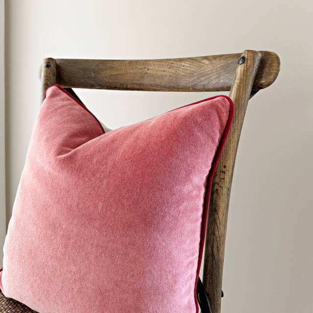 Handmade Coral Pink Velvet Pillow Cover Dark Red Piping, Coastal Decor - image 1
