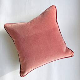 Handmade Coral Pink Velvet Pillow Cover Dark Red Piping, Coastal Decor - thumbnail 3
