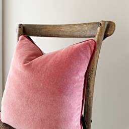 Handmade Coral Pink Velvet Pillow Cover Dark Red Piping, Coastal Decor - thumbnail 1
