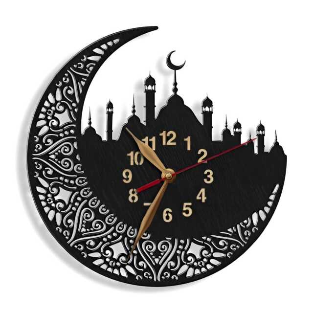 Wall Clock Islamic Mosque Big Arabic Digits Large 12-18Inch Non-Ticking, Muslim Moon, Muslem Tracery, Symbol