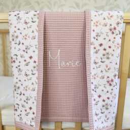 Waffle Baby Blanket With Name - Embroidered & Organic Cotton, Custom Newborn Gift, Beige Floral For Girl - thumbnail 2