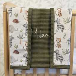Waffle Baby Blanket With Name - Embroidered & Organic Cotton, Custom Newborn Gift, Beige Floral For Girl - thumbnail 3