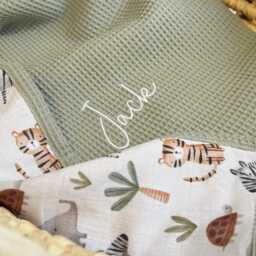 Waffle Baby Blanket With Name - Embroidered & Organic Cotton, Custom Newborn Gift, Beige Floral For Girl - thumbnail 2
