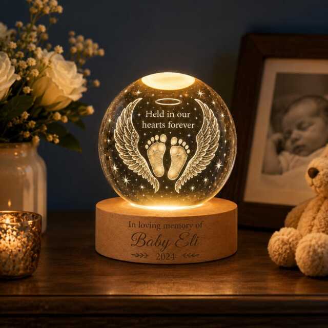 Baby Memorial Crystal Ball Night Light, Custom Infant Loss Miscarriage Sympathy Gift, Angel Wings Held in Our Hearts Forever Wooden Lamp - image 1