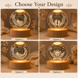 Baby Memorial Crystal Ball Night Light, Custom Infant Loss Miscarriage Sympathy Gift, Angel Wings Held in Our Hearts Forever Wooden Lamp - thumbnail 2