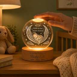 Baby Memorial Crystal Ball Night Light, Custom Infant Loss Miscarriage Sympathy Gift, Angel Wings Held in Our Hearts Forever Wooden Lamp - thumbnail 3