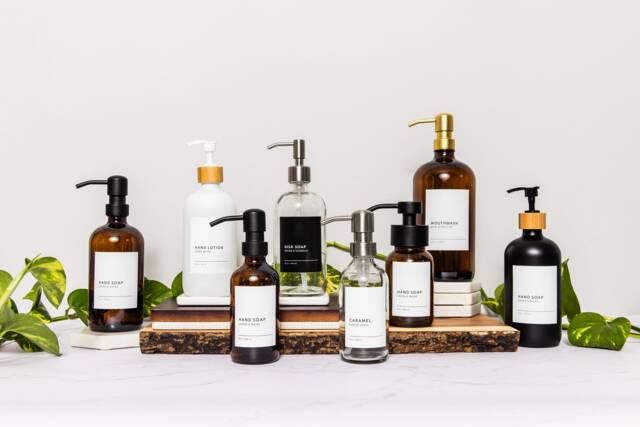 Glass Soap Dispenser Bottle, Metal Pump, Custom Label, Hand Dish Soap, Refillable, Set, Minimalist, Housewarming Gift - image 1