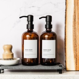 Glass Soap Dispenser Bottle, Metal Pump, Custom Label, Hand Dish Soap, Refillable, Set, Minimalist, Housewarming Gift - thumbnail 2