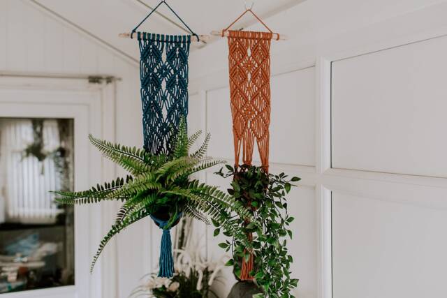 Macrame Wall Hanging Plant Holder - Blue Terracotta Orange String Planter Houseplant Retro Boho Home Decor Indoor Garden Hanger - image 1
