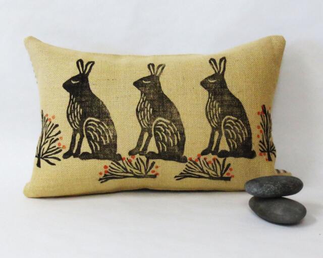 Hand Block Printed Rabbit Lumbar Pillow Burlap Kidney Cushion - image 1