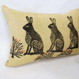 Hand Block Printed Rabbit Lumbar Pillow Burlap Kidney Cushion - thumbnail 2