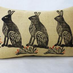 Hand Block Printed Rabbit Lumbar Pillow Burlap Kidney Cushion - thumbnail 3
