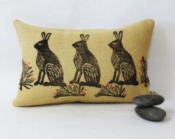 Hand Block Printed Rabbit Lumbar Pillow Burlap Kidney Cushion