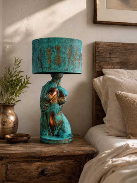 Verdigris Female Torso Light, Oxidized Copper Anatomical Sculpture, Body Statue - image 1