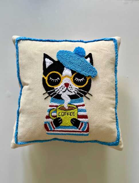 Coffee Cat Punch Needle Pillow Cover Handmade Linen Embroidered Cushion - image 1