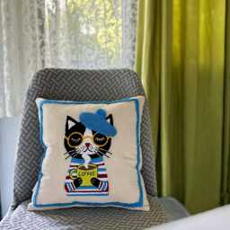 Coffee Cat Punch Needle Pillow Cover Handmade Linen Embroidered Cushion - thumbnail 2