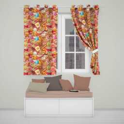 Cute Kawaii Fast Food Junk Snacks Collage Seamless Pattern Red Background Readymade Eyelet Ring Top Thermal 100% Blackout Curtains