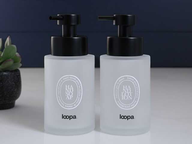 Set Of 2 Frosted Glass Hand Soap & Lotion Dispensers With White Oval Labels, 250Ml Refillable Bottles Stainless Steel Pumps - image 1