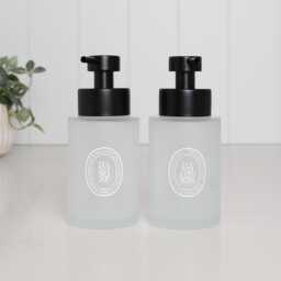 Set Of 2 Frosted Glass Hand Soap & Lotion Dispensers With White Oval Labels, 250Ml Refillable Bottles Stainless Steel Pumps