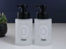 Set Of 2 Frosted Glass Hand Soap & Lotion Dispensers With White Oval Labels, 250Ml Refillable Bottles Stainless Steel Pumps - thumbnail 1
