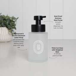 Set Of 2 Frosted Glass Hand Soap & Lotion Dispensers With White Oval Labels, 250Ml Refillable Bottles Stainless Steel Pumps - thumbnail 2
