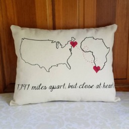 Miles Apart Map Pillow, Long Distance Gift, Country To - thumbnail 3