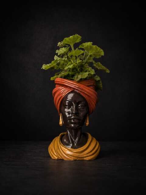 African Woman Face Plant Pot - Gold Headwrap Bust Planter Cast Stone Handmade UK - image 1