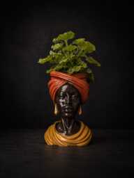 African Woman Face Plant Pot - Gold Headwrap Bust Planter Cast Stone Handmade UK - thumbnail 1