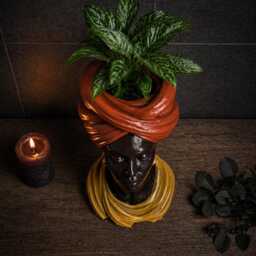African Woman Face Plant Pot - Gold Headwrap Bust Planter Cast Stone Handmade UK - thumbnail 4