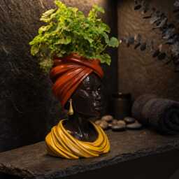 African Woman Face Plant Pot - Gold Headwrap Bust Planter Cast Stone Handmade UK - thumbnail 3